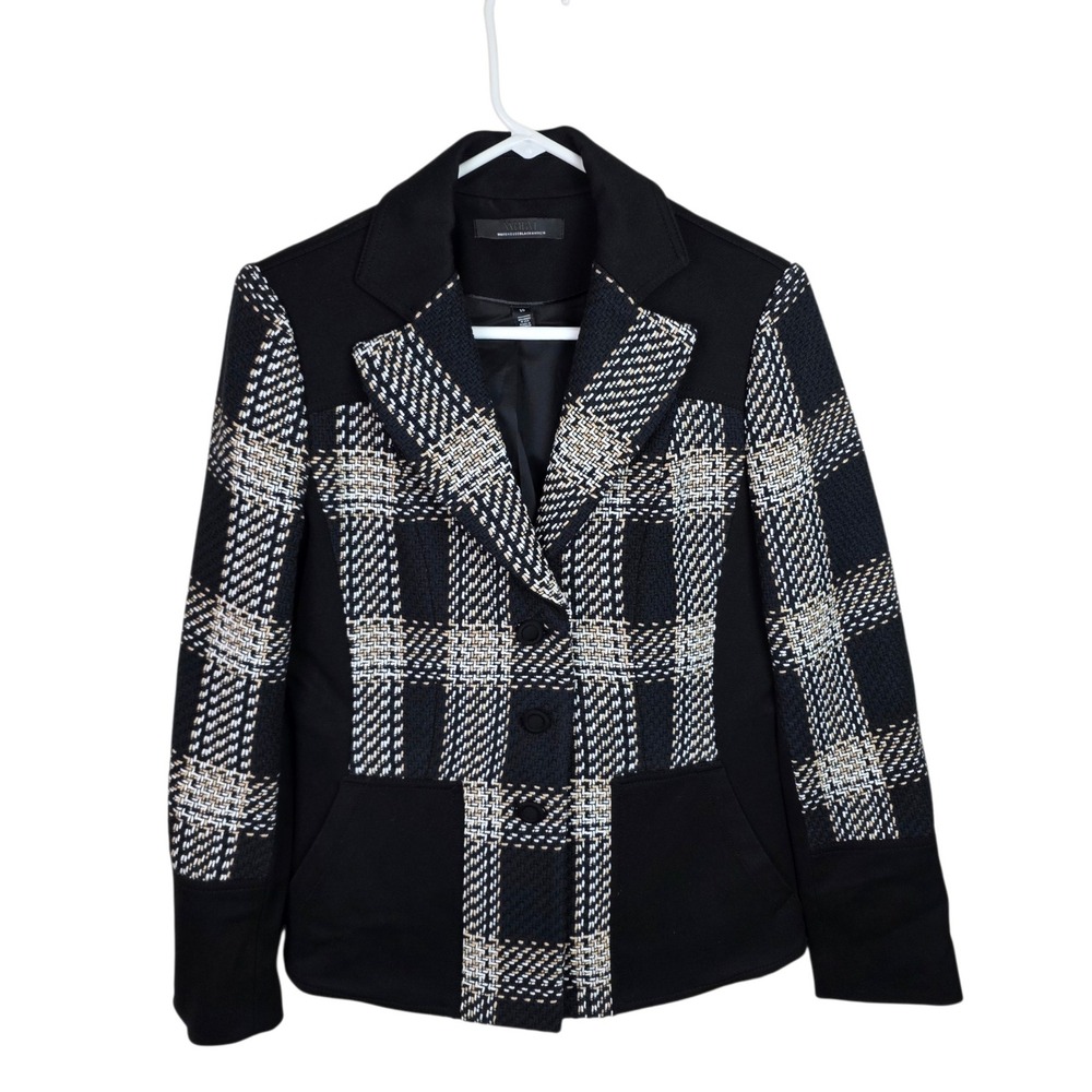 White House Black Market Blazer Womens 10 Black Plaid Tweed Mixed Media Jacket